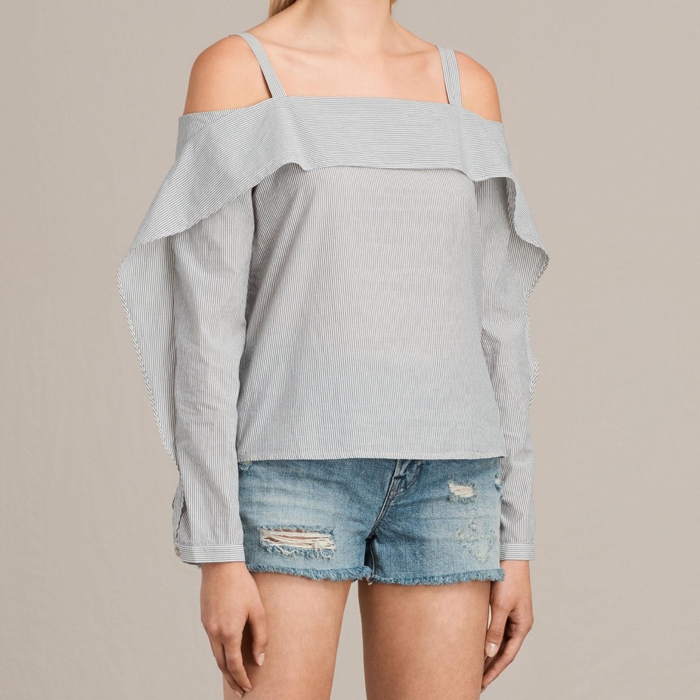 All Saints Khan Stripe Off Shoulder Cotton Blouse